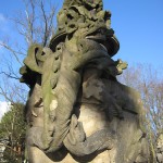 Bismarckbrücke in Grunewald, Berlin-Wilmersdorf, Detailansicht des Brückengeländers: Sandsteinskulptur