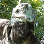 Denkmal "Eberjagd der Renaissancezeit (um 1500)" von Carl Begas von 1882, Detailansicht der Skulptur, Kopf des Jägers