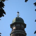 Wasserturm Jungfernheide im Volkspark Jungfernheide in Berlin-Charlottenburg aus den Jahren 1925 - 1927 in expressionistischer Bauweise, Ansicht der Turmspitze mit Kuperdach