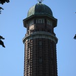 Wasserturm Jungfernheide im Volkspark Jungfernheide in Berlin-Charlottenburg aus den Jahren 1925 - 1927 in expressionistischer Bauweise, Ansicht der Turmspitze mit Kuperdach