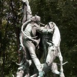 Denkmal "Fuchsjagd um 1900" von Wilhelm Haverkamp im Großen Tiergarten in Berlin-Mitte von 1904, Detailansicht der Skulpturengruppe