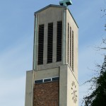 Gustav-Adolf-Kirche in Berlin-Charlottenburg von Otto Bartning, erbaut 1932 - 1934, Detailansicht der Turmspitze
