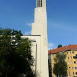 Gustav-Adolf-Kirche in Berlin-Charlottenburg von Otto Bartning, erbaut 1932 - 1934, Detailansicht des Kirchturms