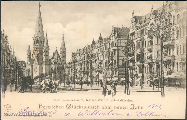 Historische Ansichtkarte mit der Kaiser-Wilhelm-Gedächtniskirche am Ende der Tauenzienstraße