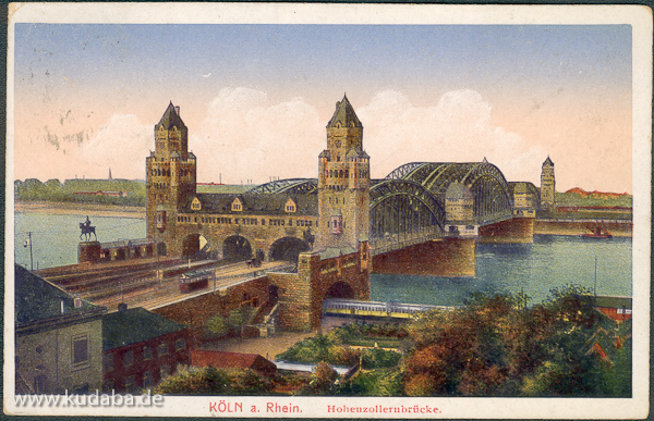 Historische Ansicht von der von Franz Heinrich Schwechten erbauten Hohenzollernbrücke in Köln vor der Zerstörung im 2. Weltkrieg