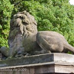 Gefallenen-Denkmal in Alt-Lietzow mit einem auf einem Sarkophag ruhenden Löwen in Berlin-Charlottenburg, Detailansicht vom Löwen