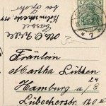 Detailausschnitt mit Zustell- und Absenderadresse von der beschrifteten Rückseite der Postkarte "Wilhelmshöhe. Löwenburg.", die am 15.01.1915 aus Cassel (Kassel) versendet wurde.