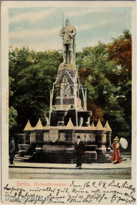 Historische Postkarte mit der Abbildung des ehemaligen Rolandbrunnens auf dem Kemperplatz, geschaffen 1902 von Otto Lessing, die am 16.02.1904 von Wilmersdorf nach Posen verschickt wurde.