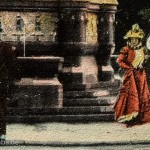 Historische Postkarte mit der Abbildung des ehemaligen Rolandbrunnens auf dem Kemperplatz, geschaffen 1902 von Otto Lessing, die am 16.02.1904 von Wilmersdorf nach Posen verschickt wurde.