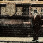 Historische Postkarte mit der Abbildung des ehemaligen Rolandbrunnens auf dem Kemperplatz, geschaffen 1902 von Otto Lessing, die am 16.02.1904 von Wilmersdorf nach Posen verschickt wurde.