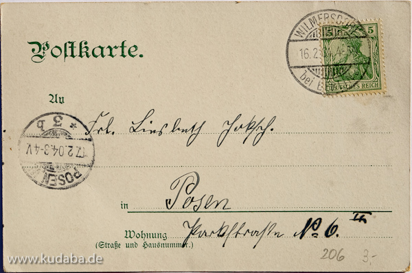 Historische Postkarte mit der Abbildung des ehemaligen Rolandbrunnens auf dem Kemperplatz, geschaffen 1902 von Otto Lessing, die am 16.02.1904 von Berlin nach Posen verschickt wurde.