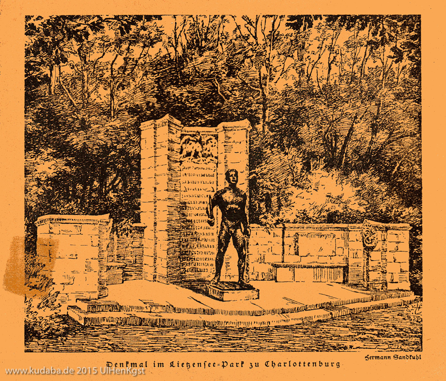 Zeichnung des Denkmals von Herrmann Joseph Sandkuhl als Titelbild der Festschrift zur Denkmalsweihe des Königin Elisabeth Garde=Grenadier=Regiment Nr.3, vom 3. Mai 1925.