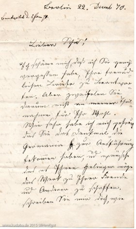 1870, 22. Dezember, Brief Fr. Drake an H. Schies, Seite 1