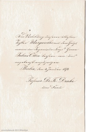 Anzeige zur Verlobung der älteren Tochter Friedrich Drakes Margarethe mit Julius Otten am 4.01.1874