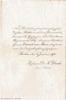 Anzeige zur Verlobung der jüngeren Tochter Friedrich Drakes Käthemit Emrich von Baer am 6.01.1874