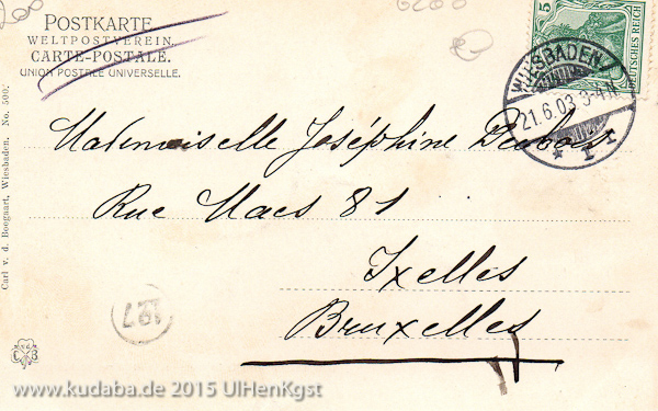 Postkarte: Kochdenkmal, Wiesbaden, gelaufen 1903, Rückseite
