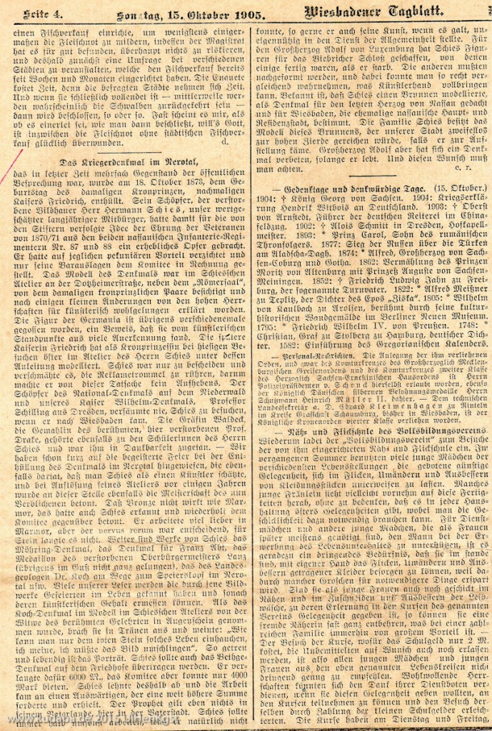 Kriegerdenkmal im Nerotal, Wiesbadener Tagblatt, 15.10.1905, Artikel anlässlich der Entfernung des Denkmales.