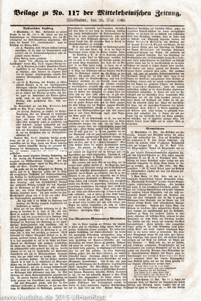 Das Waterloo-Denkmal, Beilage zu No. 117 der Mittelrheinischen Zeitung,, 20. Mai 1866