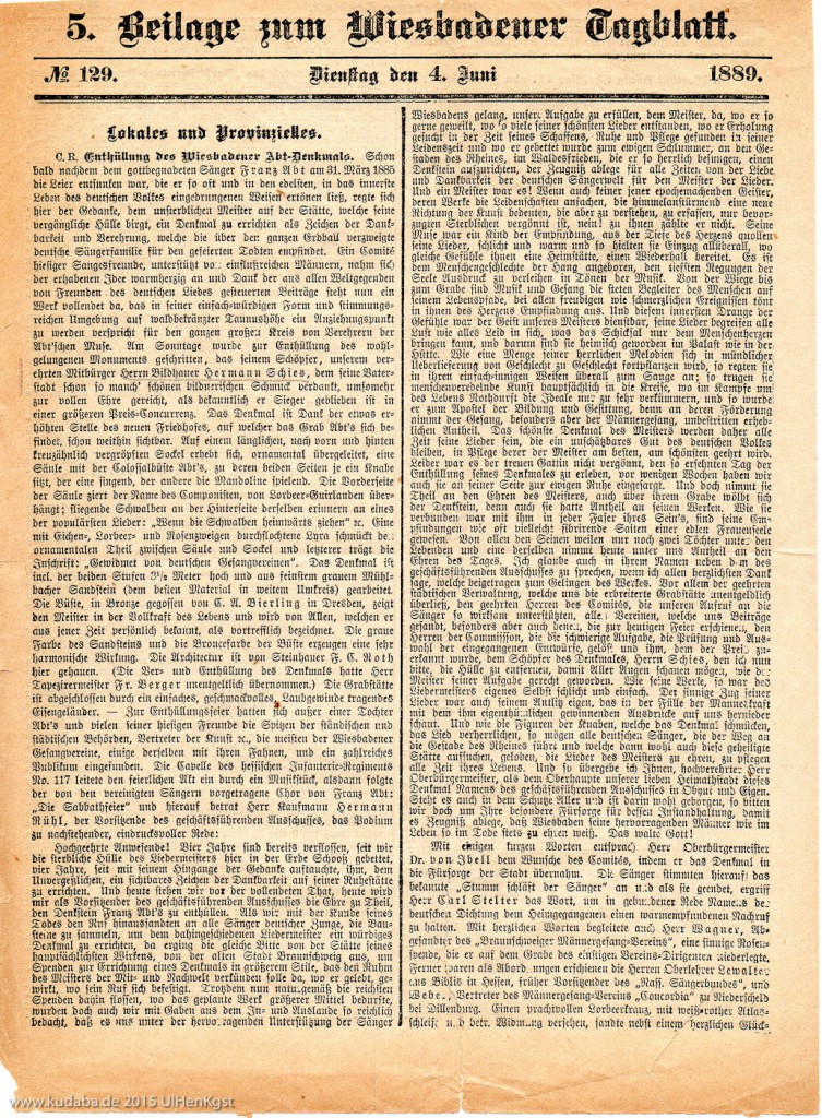 Beilage zum Wiesbadener Tagblatt, 4. Juni 1889, Enthüllung des Wiesbadener Abt-Denkmals (Seite 1)